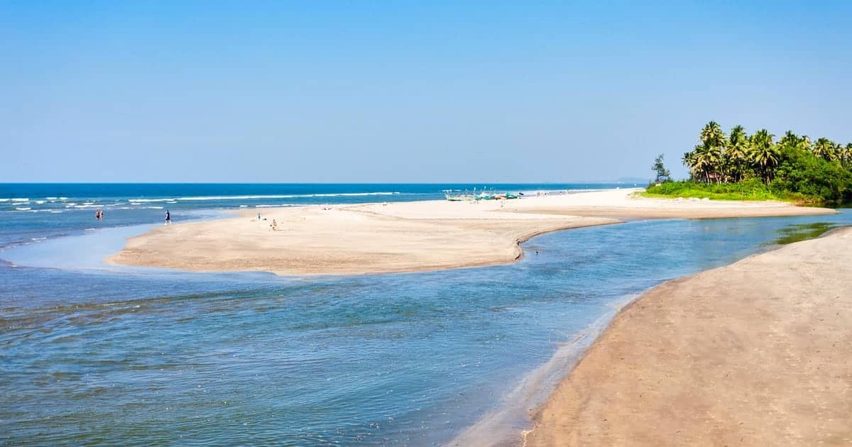 A wide sandy beach in Goa where a river meets the sea, with palm trees on the far shore